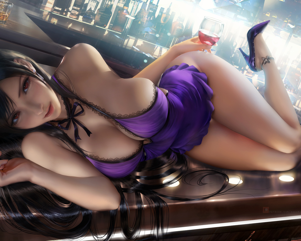 tifa, final fantasy, game girl, brunette, cleavage dress, bar, anime, boobs, high heels