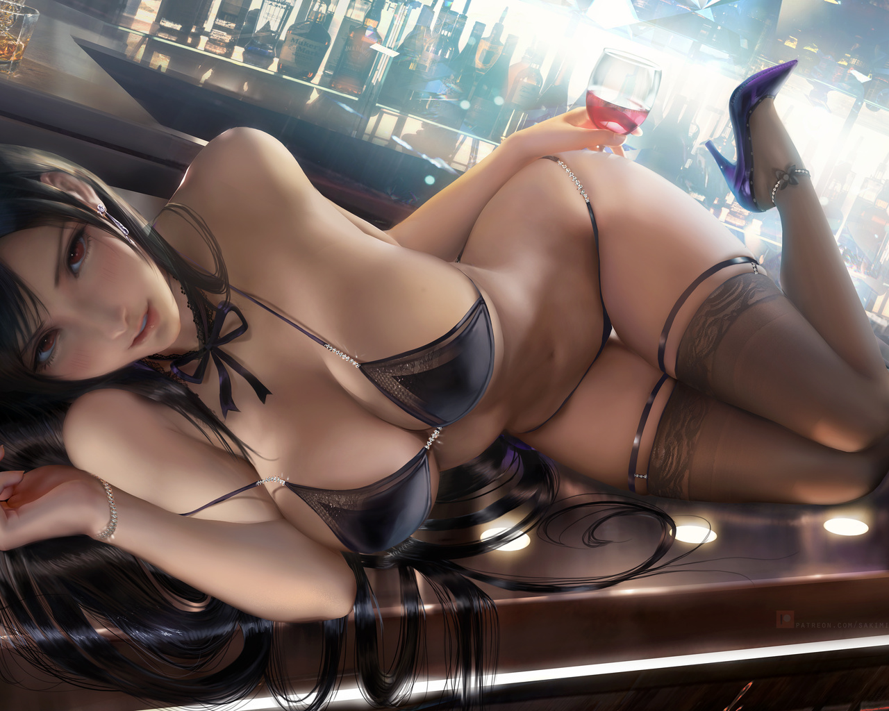 tifa, final fantasy, game girl, brunette, bikini, bra, panties, bar, anime, boobs, high heels