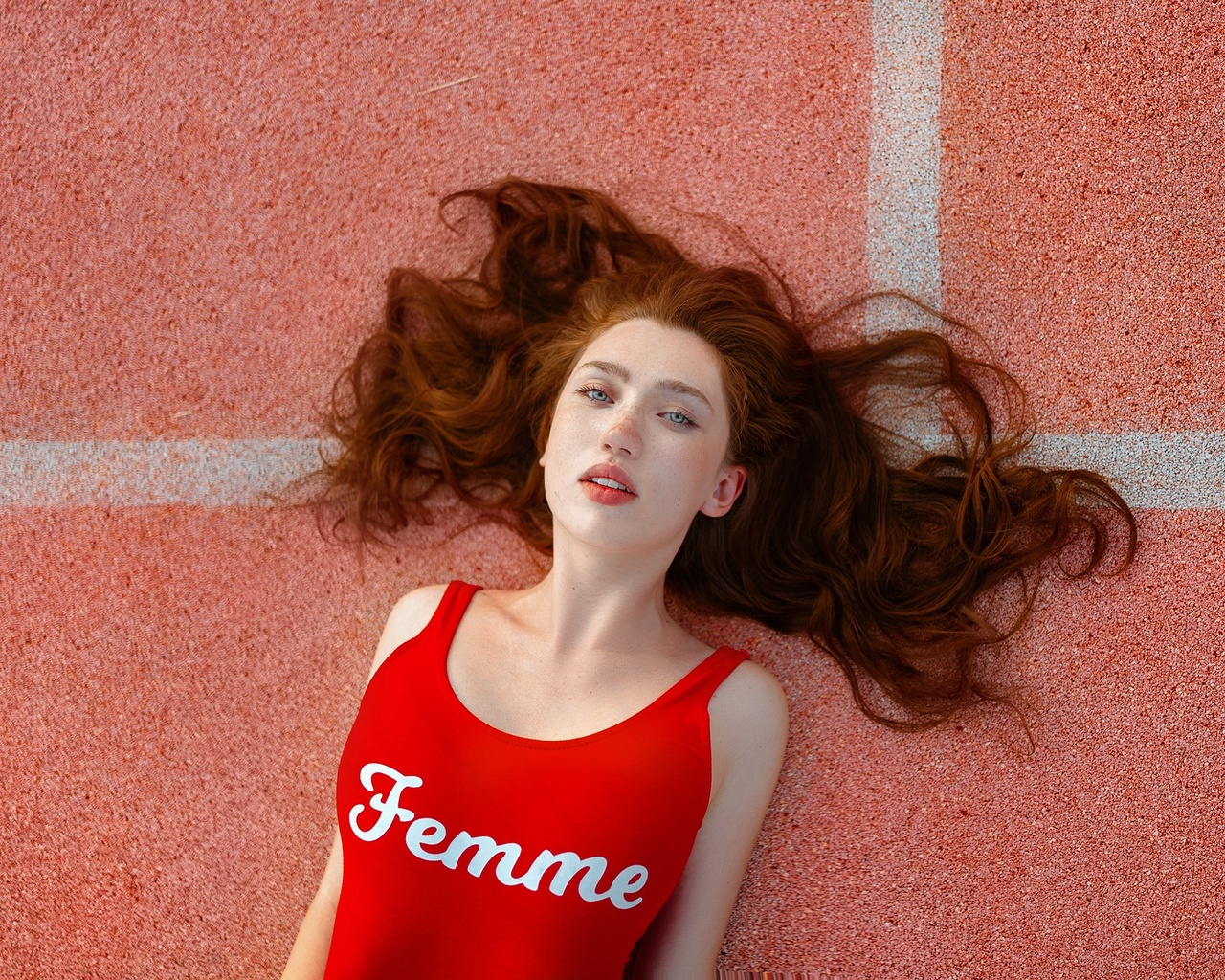 women, redhead, women outdoors, bodysuit, top view, freckles, portrait