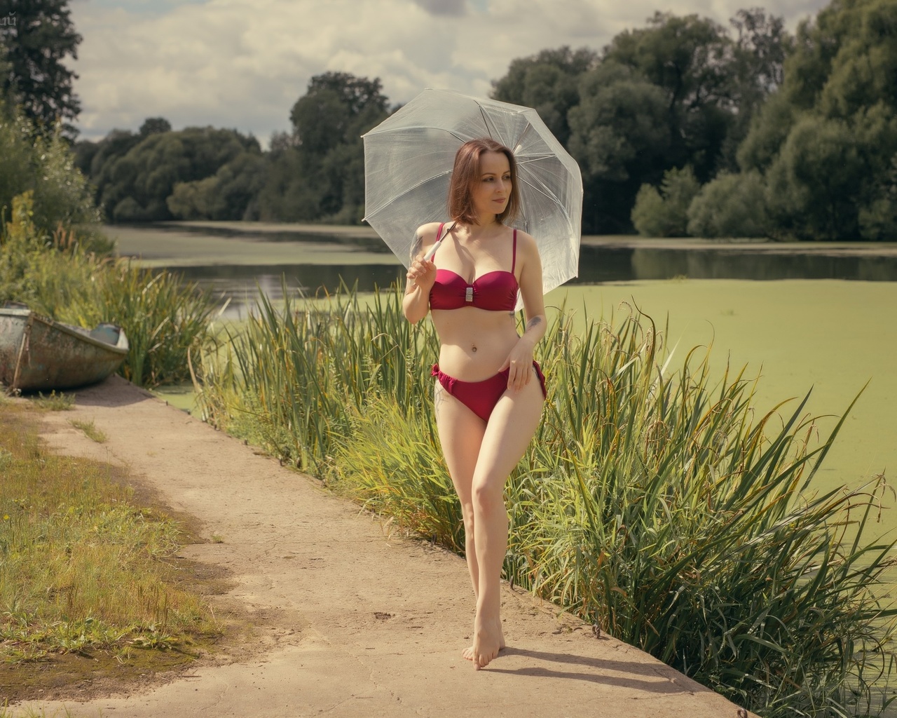 women, umbrella, red bikini, tattoo, belly, women outdoors, lake, boat, legs