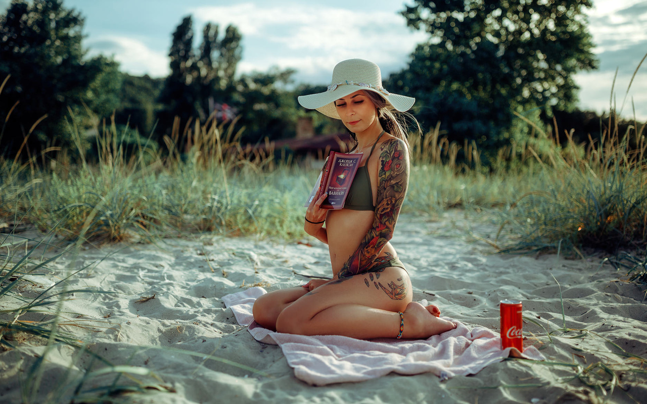 women, hat, bikini, brunette, women outdoors, books, tattoo, sand, sky, coca-cola, towel, belly