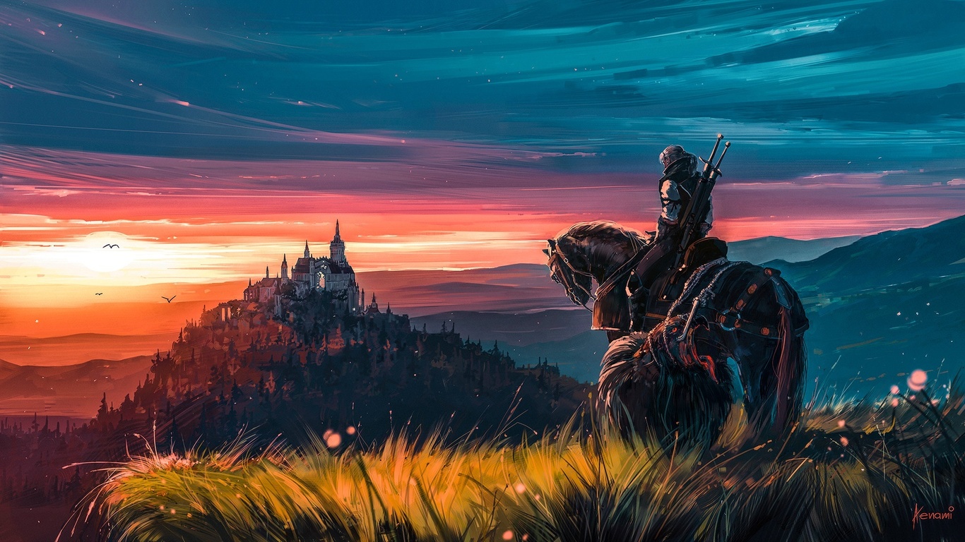 Картинки замок, рыцарь, конь, воин, witcher, art, ведьмак, игры, games -  обои 1366x768, картинка №421463