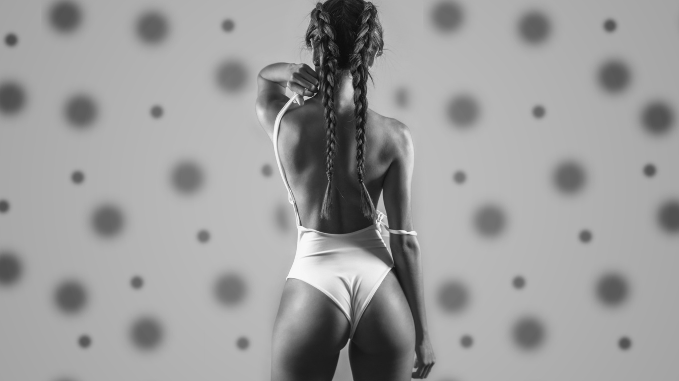 brunette, beautiful girl, leotard, perfect body, back, beautiful model, model, ass, braids, monochrome