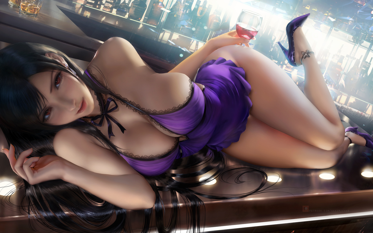 tifa, final fantasy, game girl, brunette, cleavage dress, bar, anime, boobs, high heels