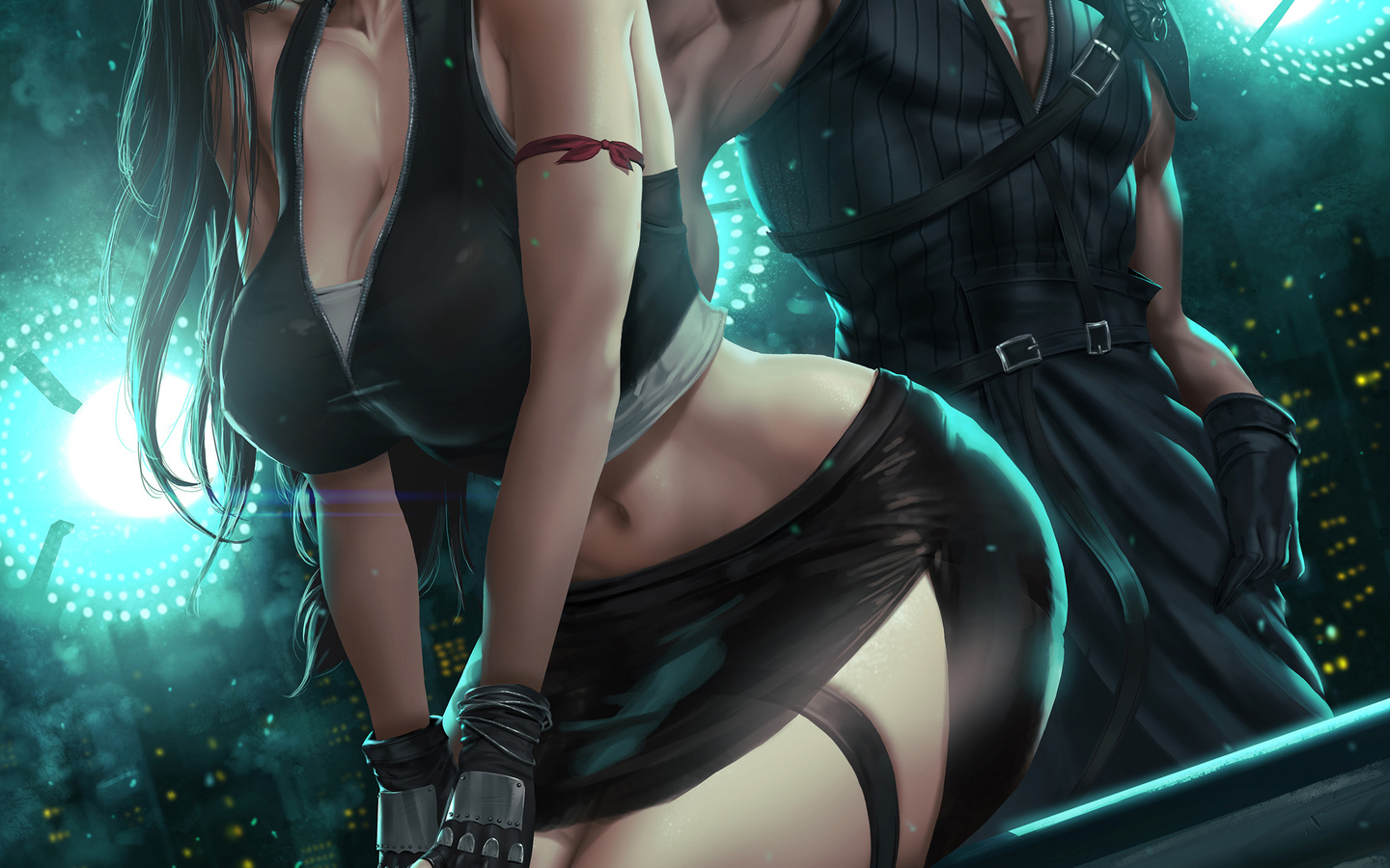 tifa lockhart, final fantasy, game, game girls, miniskirt, legs, boobs, long hair, panties, suspenders, men, sword, tifa