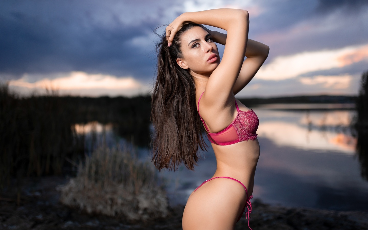 women, anton vladimirovich, lingerie, black stockings, women outdoors, ribs, water, reflection, sky, clouds, nose ring, ass