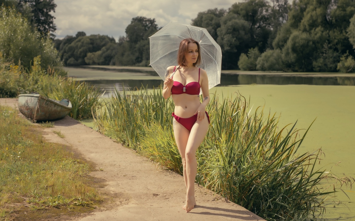 women, umbrella, red bikini, tattoo, belly, women outdoors, lake, boat, legs