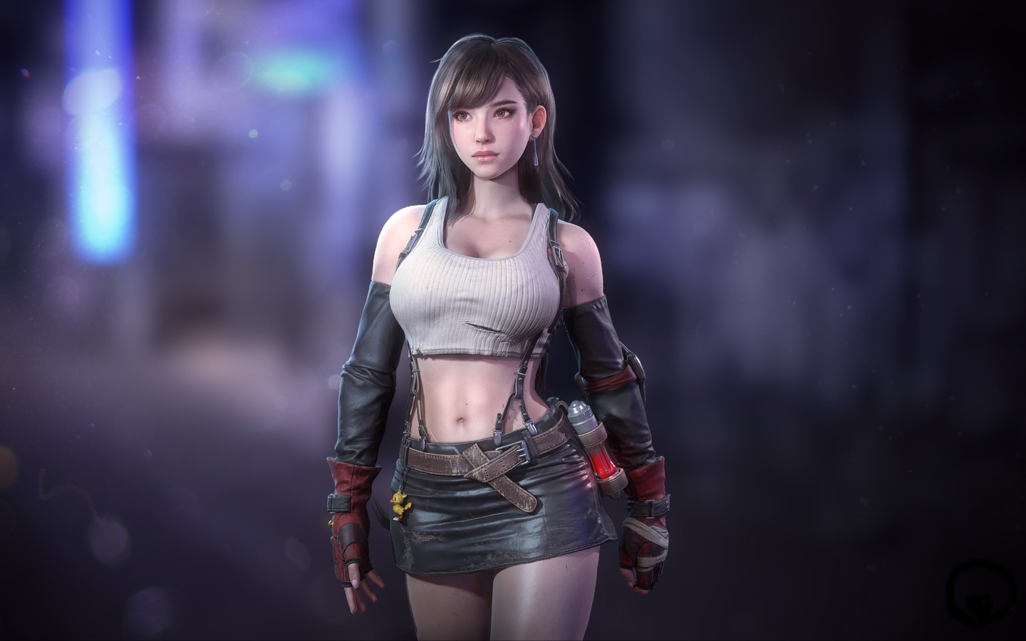 tifa, final fantasy, game girl, brunette, anime, boobs, boots, tifa lockhart, miniskirt, stockings, city, belly, gloves, brown eyes