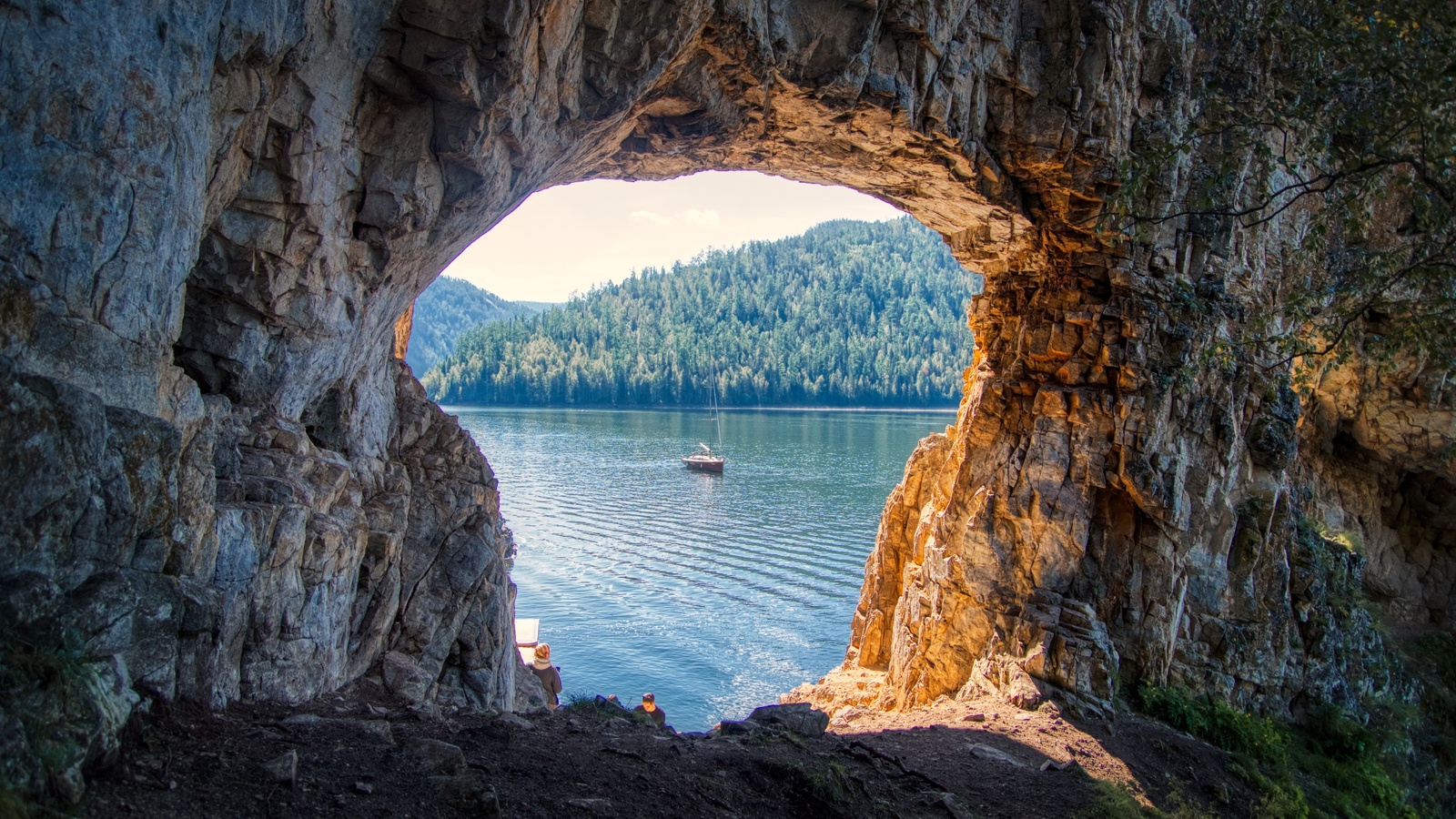 mountains, window, rocks, sea