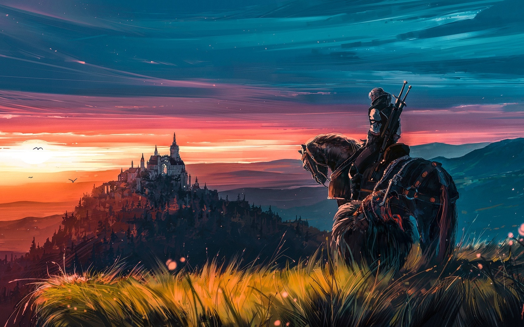 Картинки замок, рыцарь, конь, воин, witcher, art, ведьмак, игры, games -  обои 1680x1050, картинка №421463