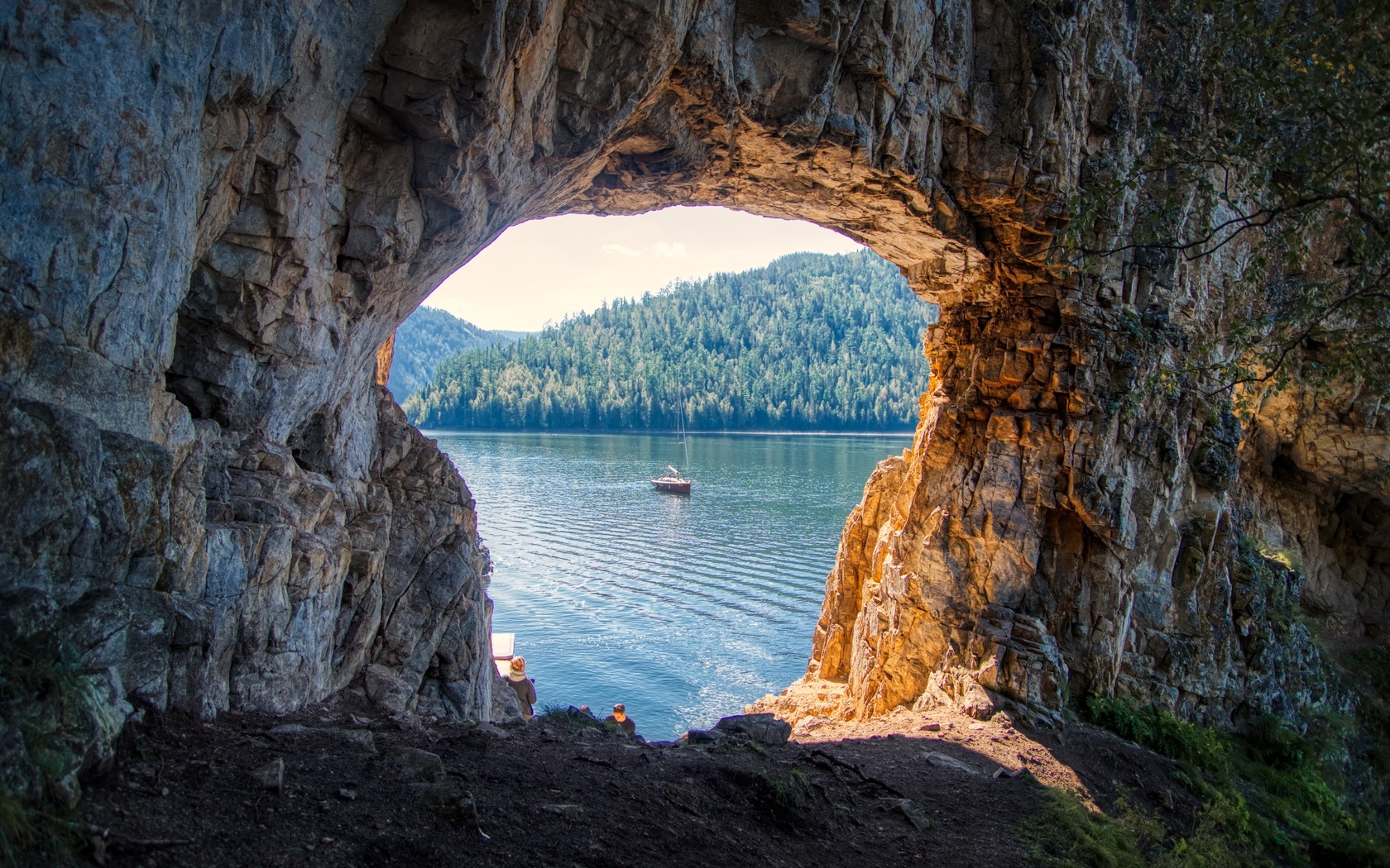 mountains, window, rocks, sea