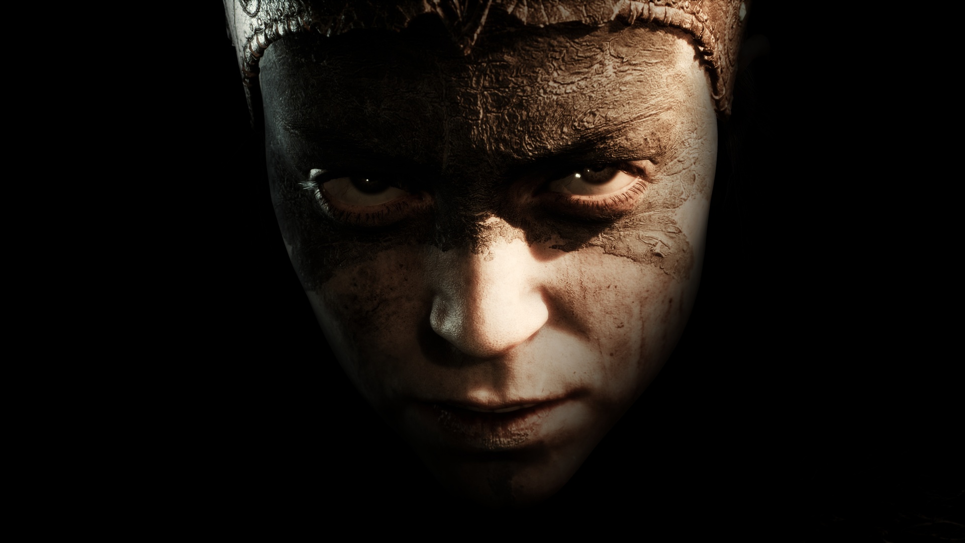 Картинки hellblade, senuas sacrifice, лицо, взгляд, Черный, фон, игры -  обои 1920x1080, картинка №419547