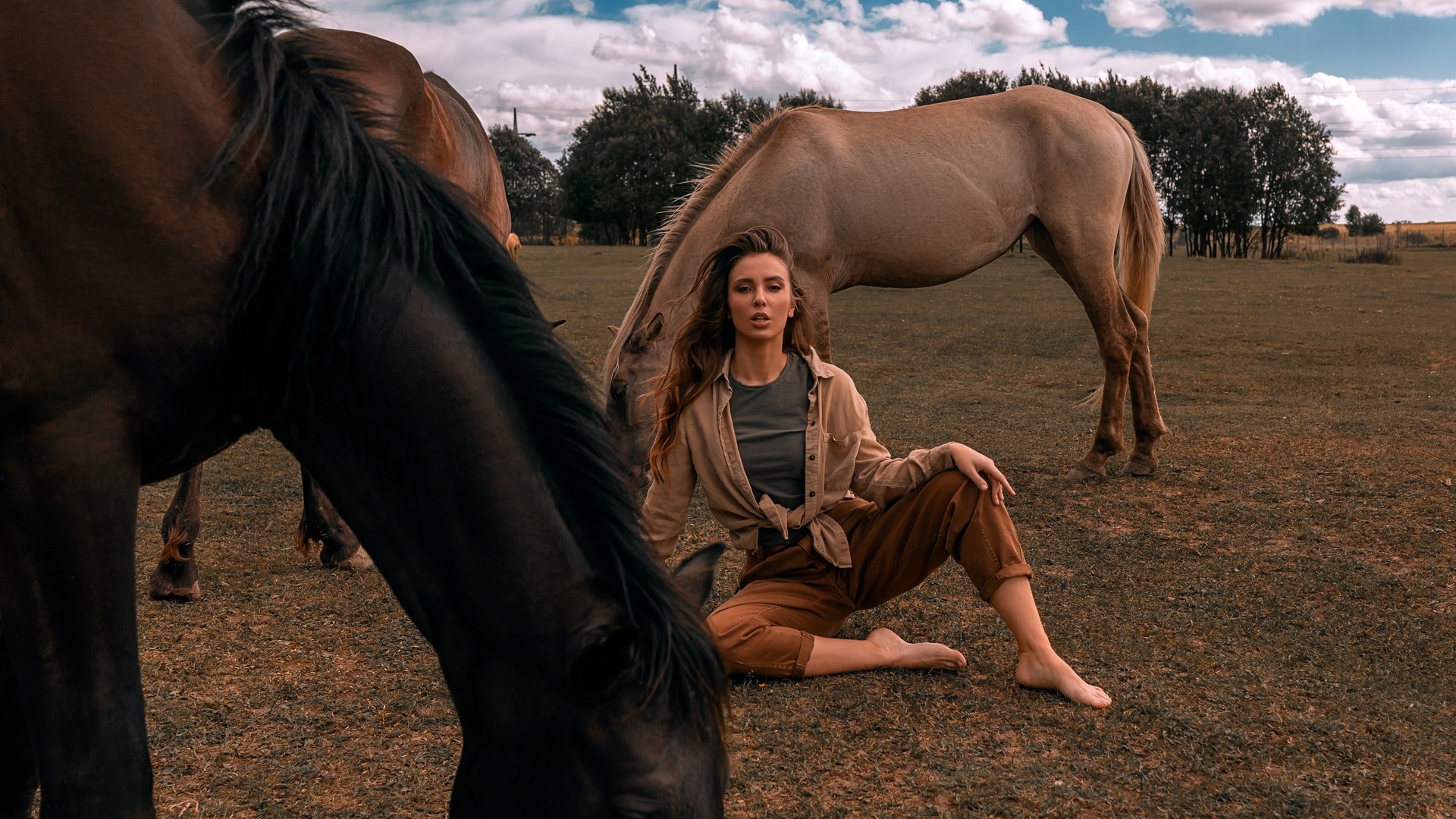 women, sitting, grass, sky, clouds, horse, animals, women outdoors, trees, pants, shirtt-shirt, 