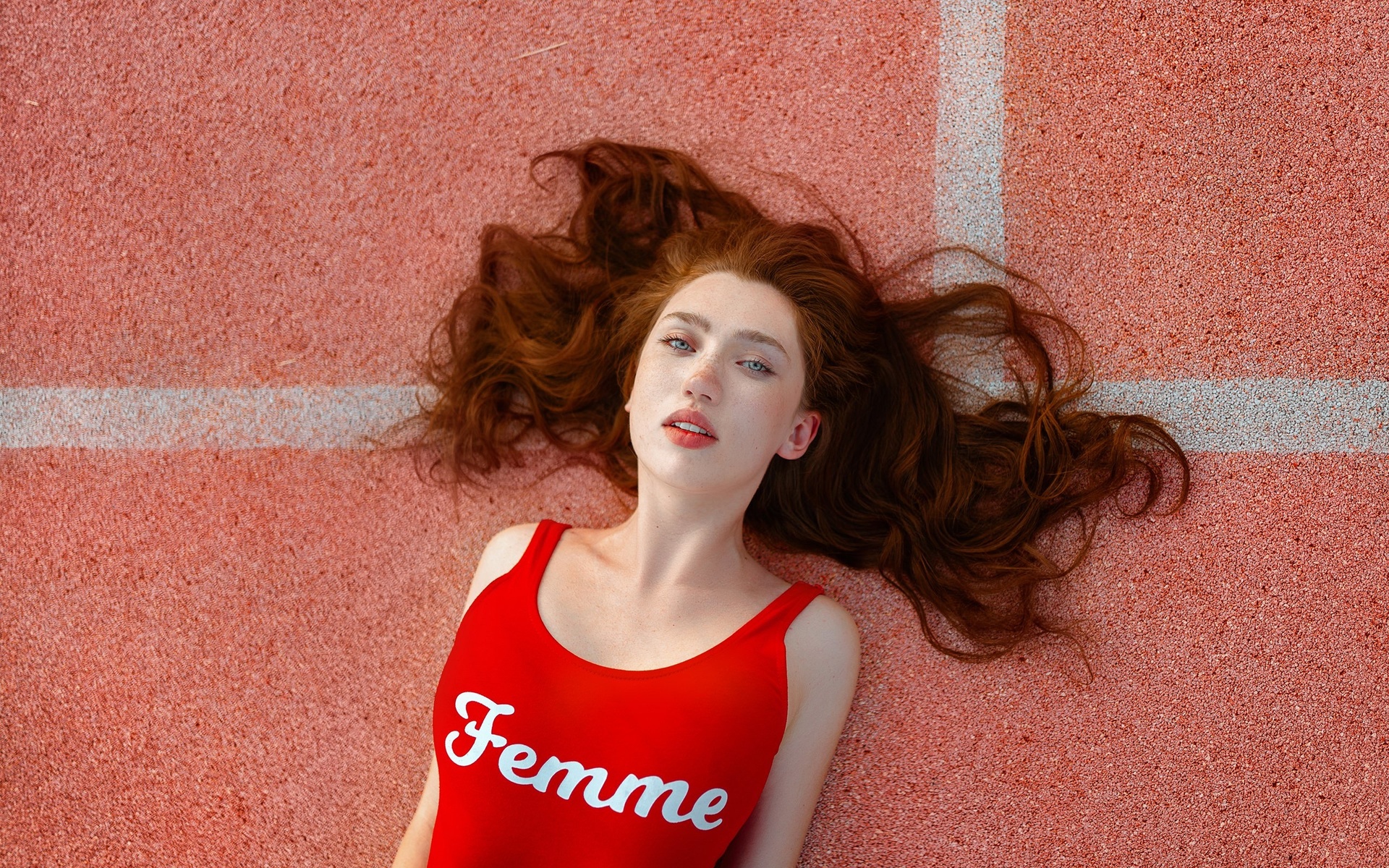 women, redhead, women outdoors, bodysuit, top view, freckles, portrait