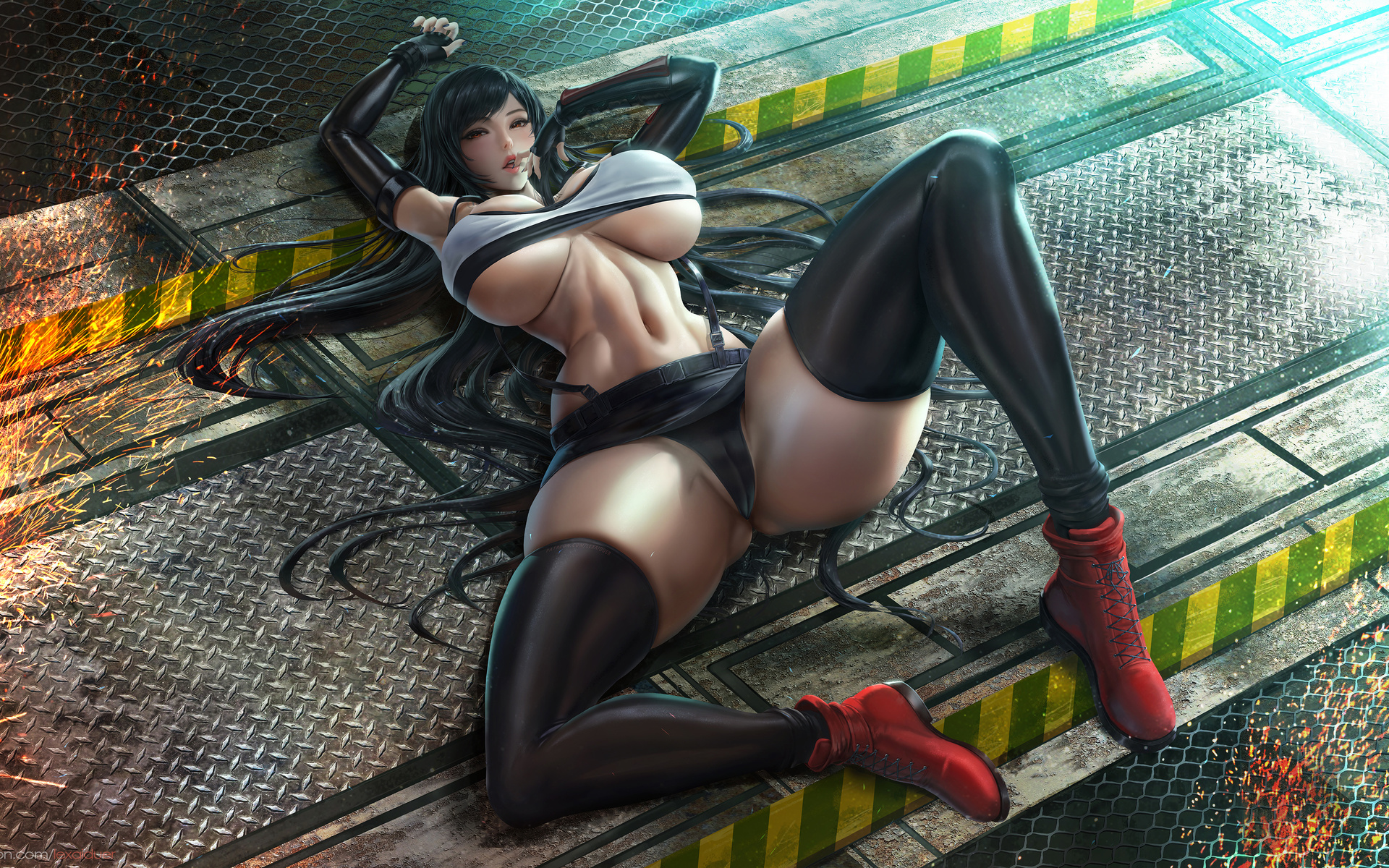 tifa, final fantasy, game girl, brunette, bra, panties, anime, boobs, boots, tifa lockhart, miniskirt, stockings