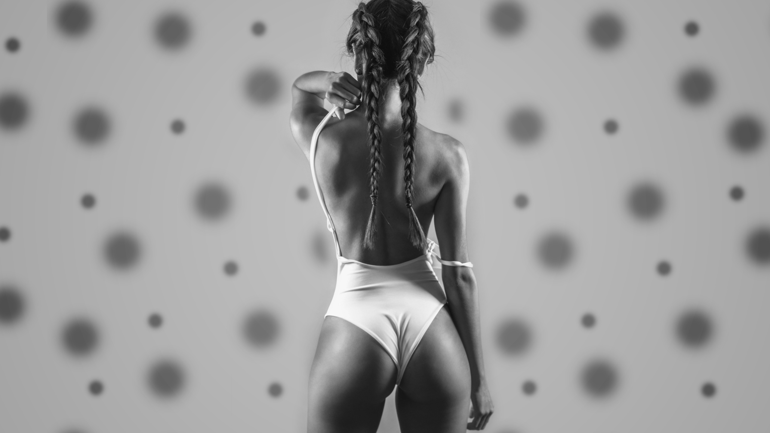 brunette, beautiful girl, leotard, perfect body, back, beautiful model, model, ass, braids, monochrome