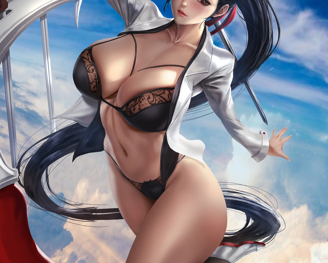 ha yuri zahard, anime girl, sky, clouds, lingerie, black lingerie, panties, black panties, bra, black bra, swords, miniskirt, suit, boobs, belly