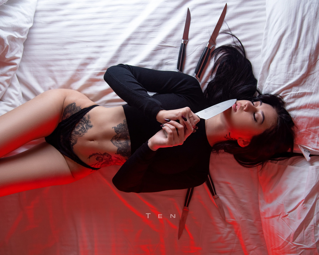 women, alexander ten, top view, knife, tattoo, belly, black panties, closed eyes, hips, the gap