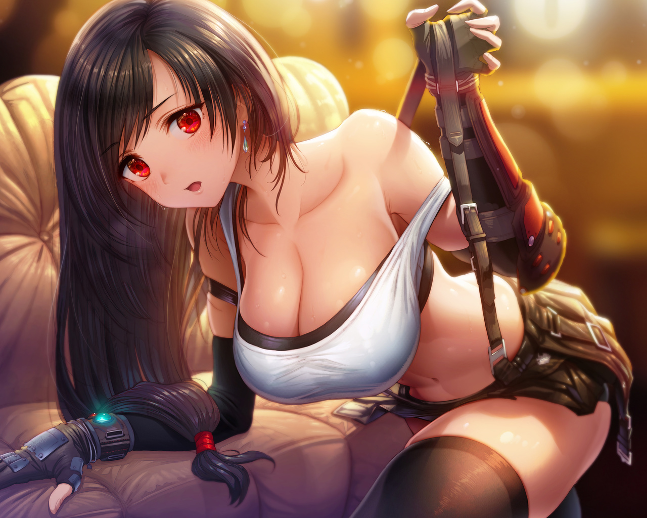 tifa lockhart, final fantasy, brunette, game girl, games, boobs, miniskirt, couch