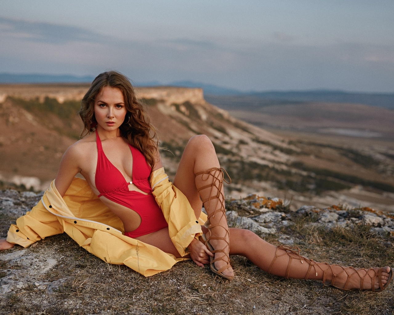 women, sitting, mountains, women outdoors, georgy chernyadyev, swimwear, hoop earrings