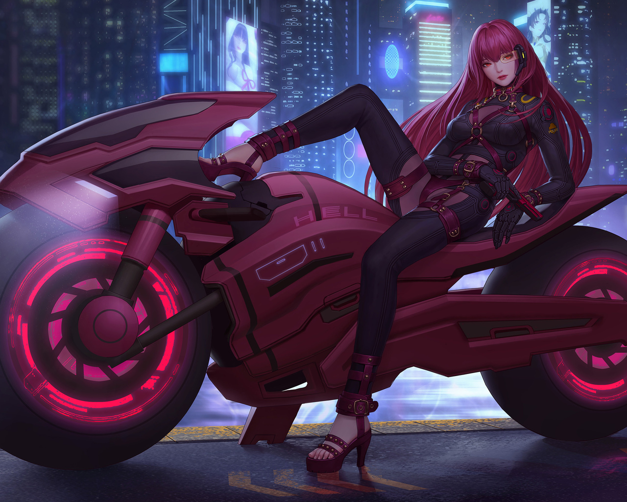 city cyberpunk 2077, fate grand order, gun, motorcycle night, fate grand order, techgirl weapon, anime girl