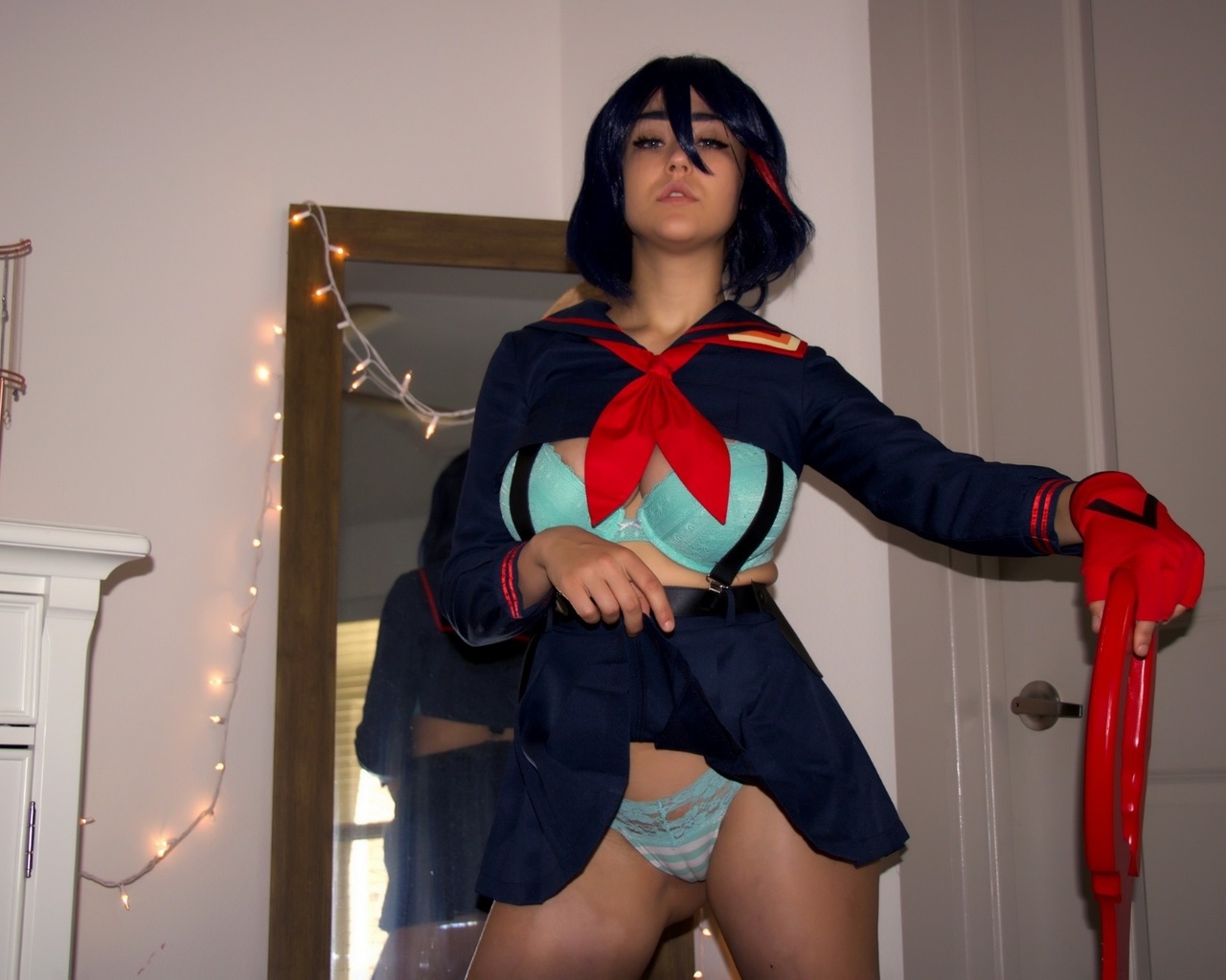 sabrina nichole, ryuko matoi, cosplay, model, brunette, sword, room, door, mirror, boobs, ass, skirt, kill la kill, blue panties, lingerie