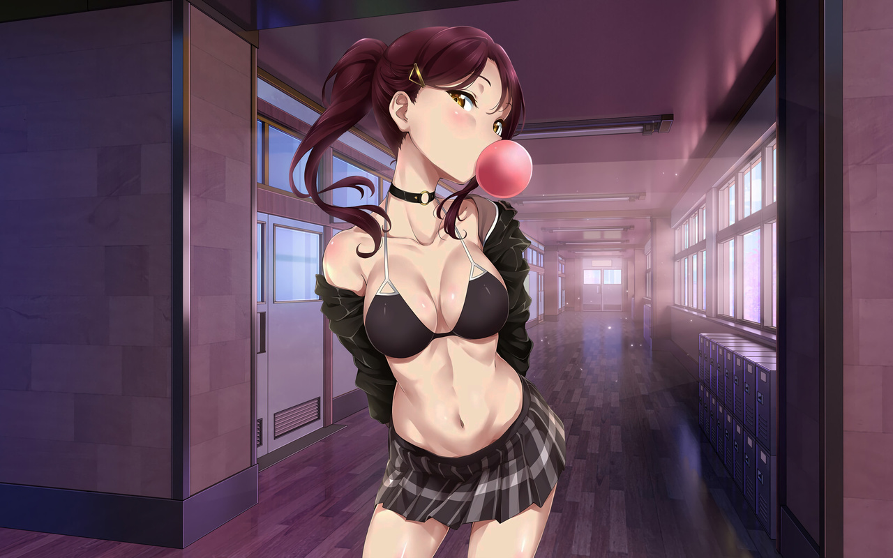 riko sakurauchi, love live, school girl, anime girl, bubble gum, school skirt, bra, jacket, belly, yellow eyes, boobs, brunette