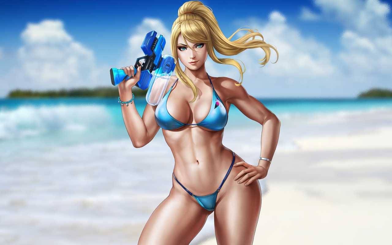 samus aran, metroid, games, games girl, beach, blonde, bikini, blue bikini, water gun, boobs, belly, hips, blue eyes, beautiful game girl