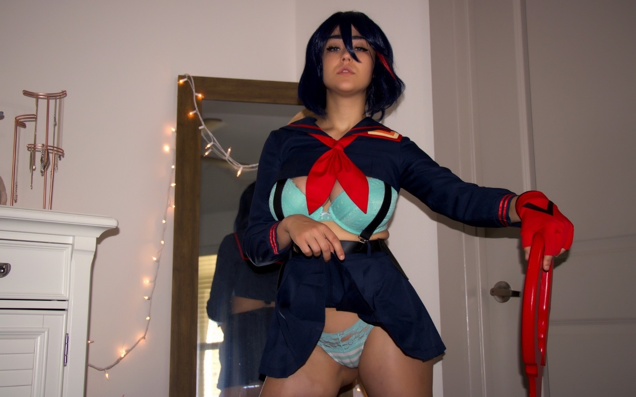 sabrina nichole, ryuko matoi, cosplay, model, brunette, sword, room, door, mirror, boobs, ass, skirt, kill la kill, blue panties, lingerie