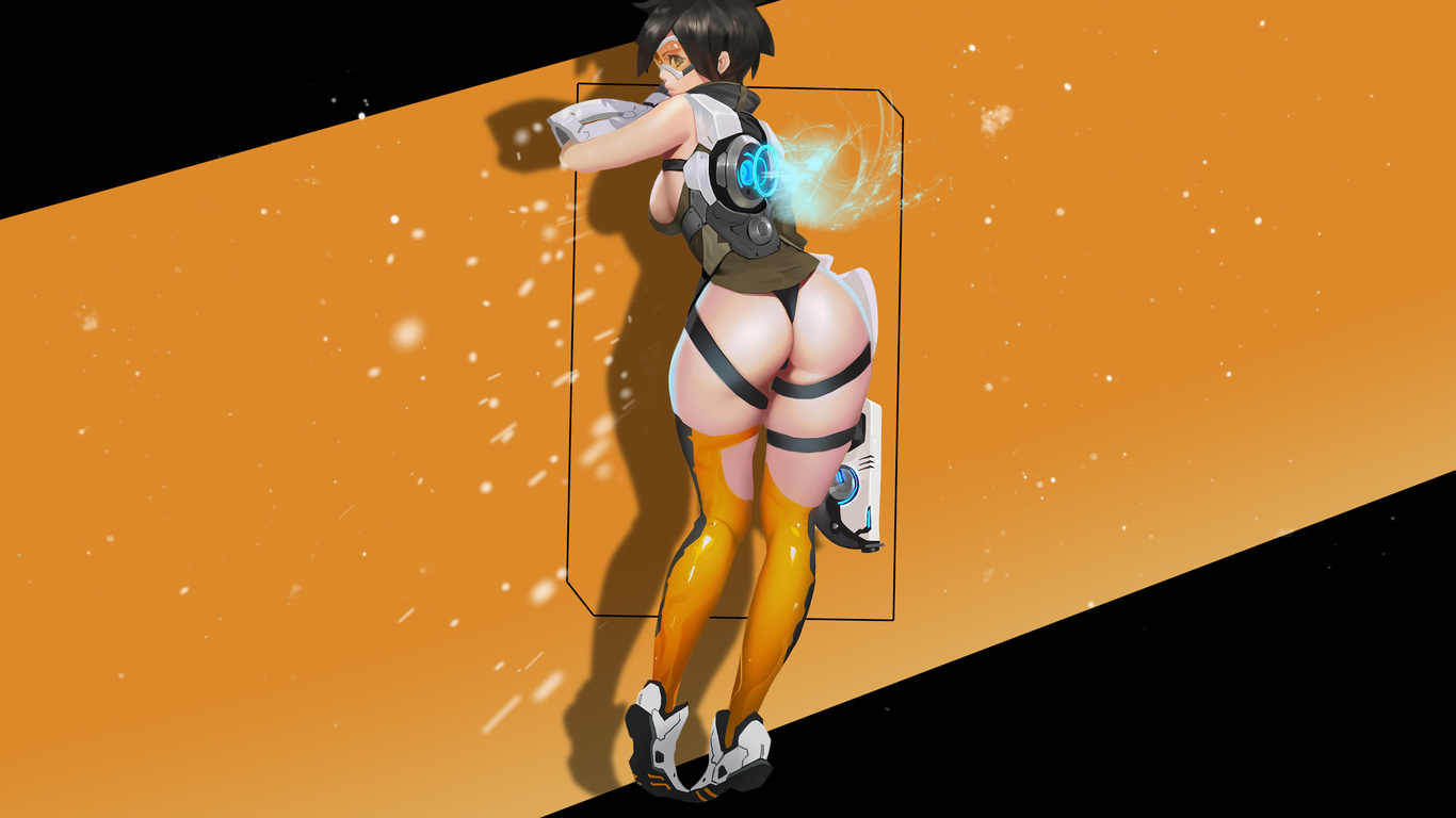 tracer, overwatch, game, girl, anime, brunette, ass, panties, black panties, weapon