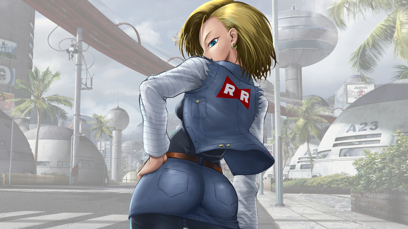 android number 18, red patrol, dragon ball z, blonde, ass, denim skirt, city, anime girl, blue eyes, jacket, denim jacket