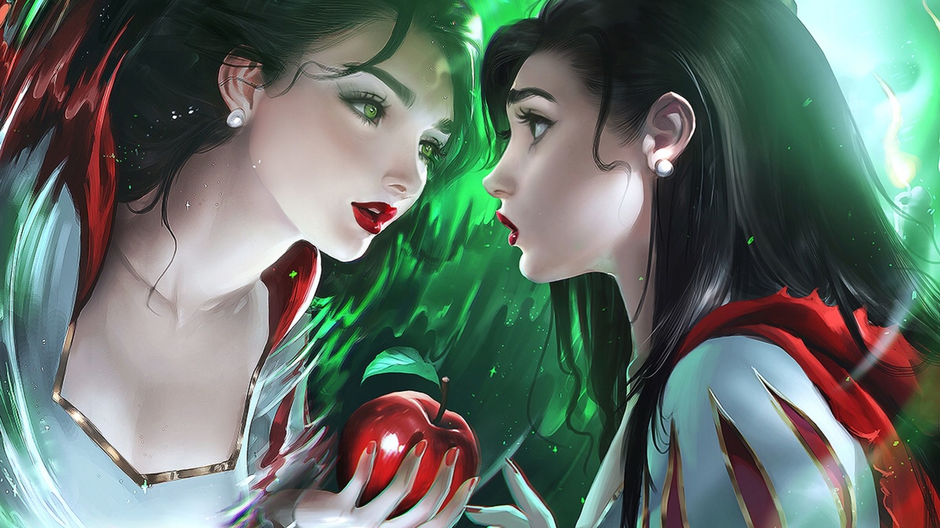 Картинки snow white, disney, anime, tale, childish story, apple, mirror,  reflection, anime girl, magic mirror - обои 1366x768, картинка №427417