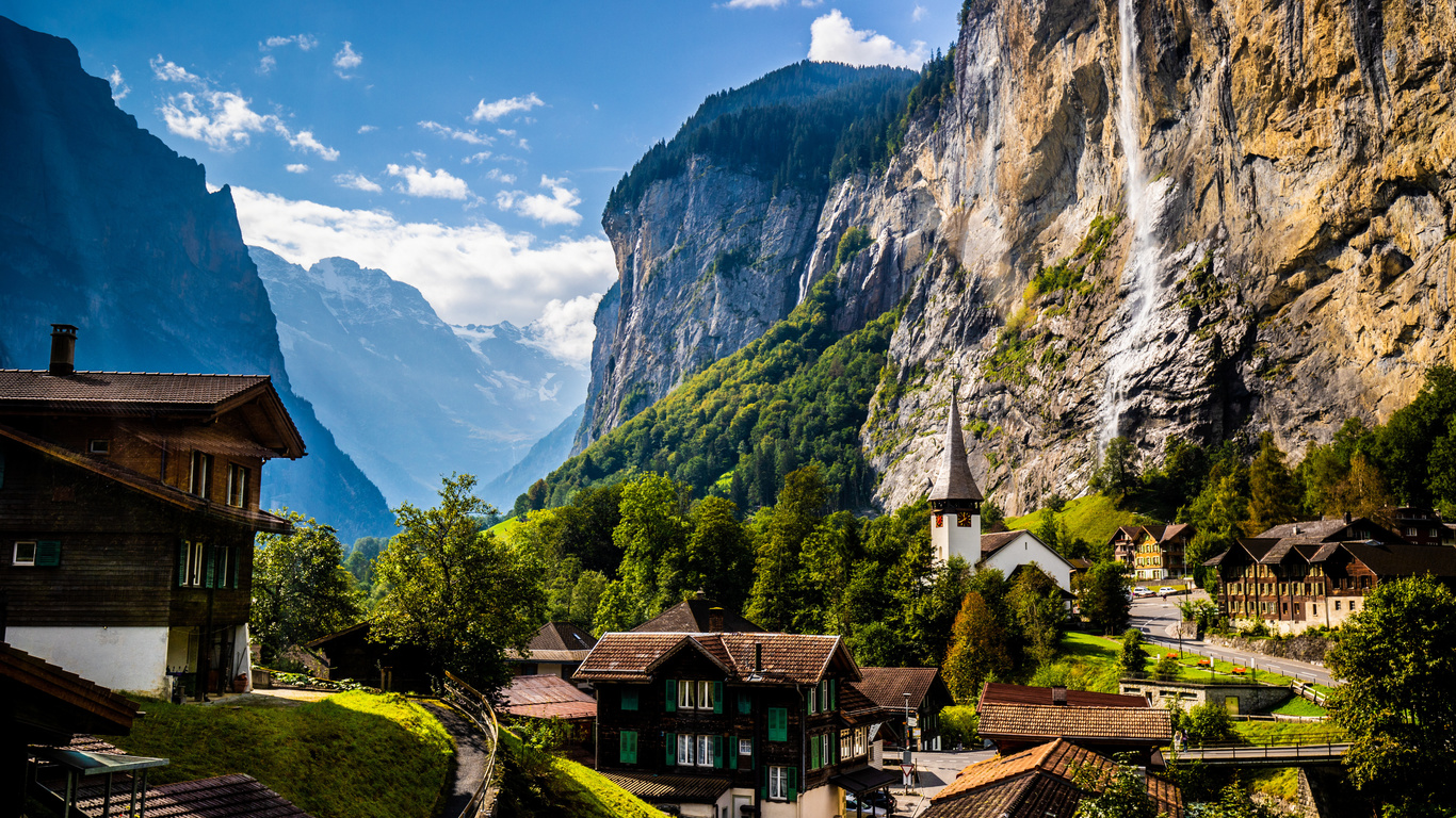 Картинки швейцария, горы, дома, eiger, альпы, скала, природа - обои 1366x768,  картинка №433782