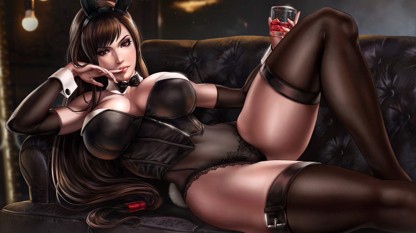 tifa lockhart, final fantasy, brunette, game girl, games, boobs, couch, lingerie, stockings, dandon fuga