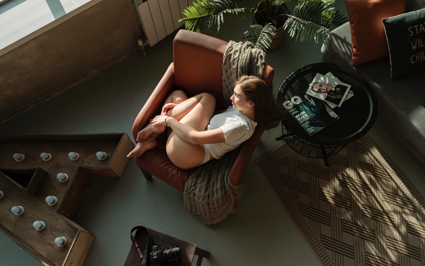 women, white t-shirt, white panties, women indoors, top view, window, light bulb, ass, brunette, armchair, camera, magazine, plants, couch