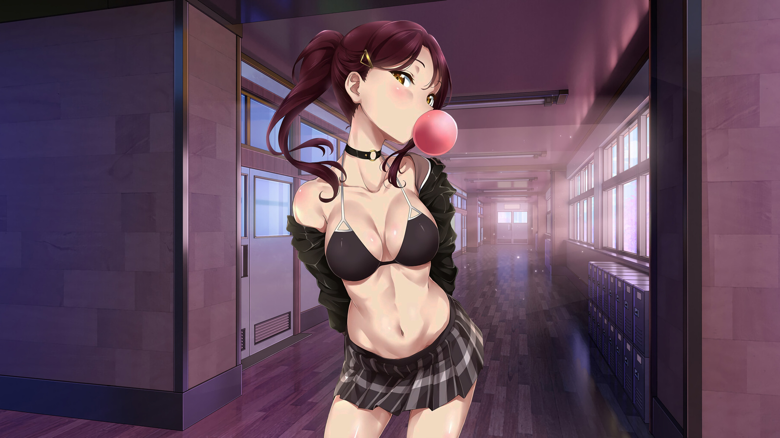 riko sakurauchi, love live, school girl, anime girl, bubble gum, school skirt, bra, jacket, belly, yellow eyes, boobs, brunette