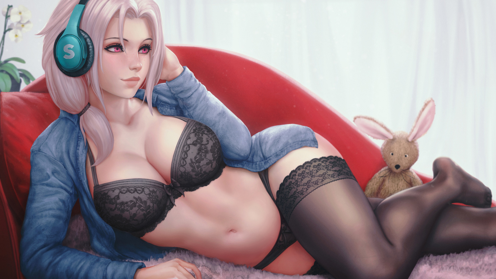 anime girl, couch, beautiful anime, lingerie, black lingerie, window, stuffed rabbit, headphones, pink eyes, panties, bra, chloe, sciamano240