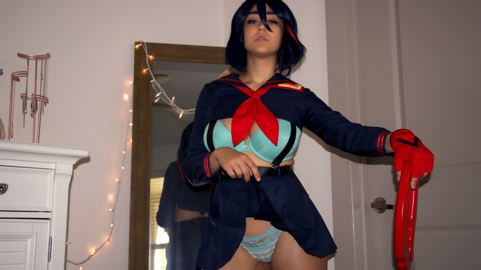 sabrina nichole, ryuko matoi, cosplay, model, brunette, sword, room, door, mirror, boobs, ass, skirt, kill la kill, blue panties, lingerie