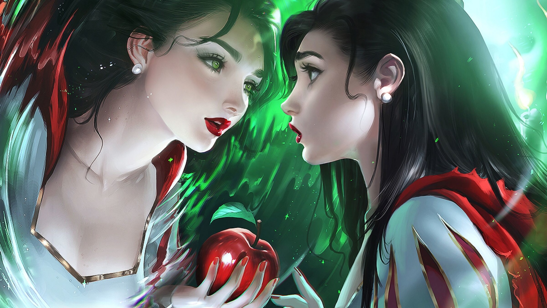 snow white, disney, anime, tale, childish story, apple, mirror, reflection, anime girl, magic mirror