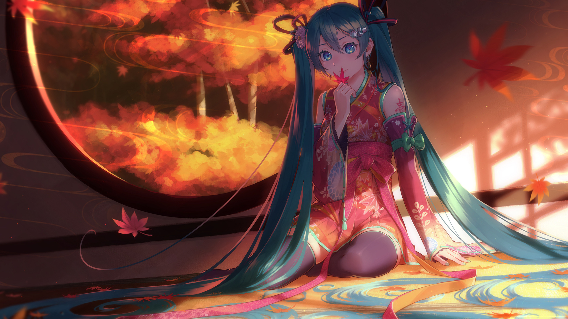 hatsune miku, vocaloid, games, games girl, kimono, tattoo, blue eyes