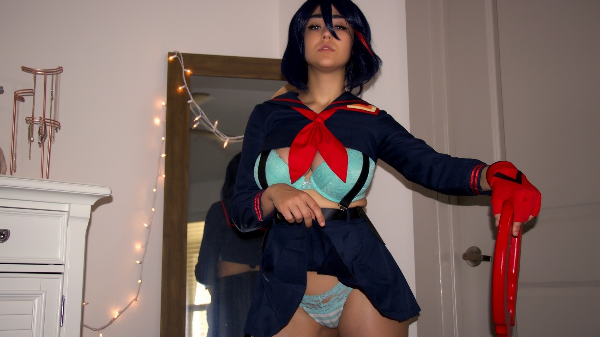 sabrina nichole, ryuko matoi, cosplay, model, brunette, sword, room, door, mirror, boobs, ass, skirt, kill la kill, blue panties, lingerie