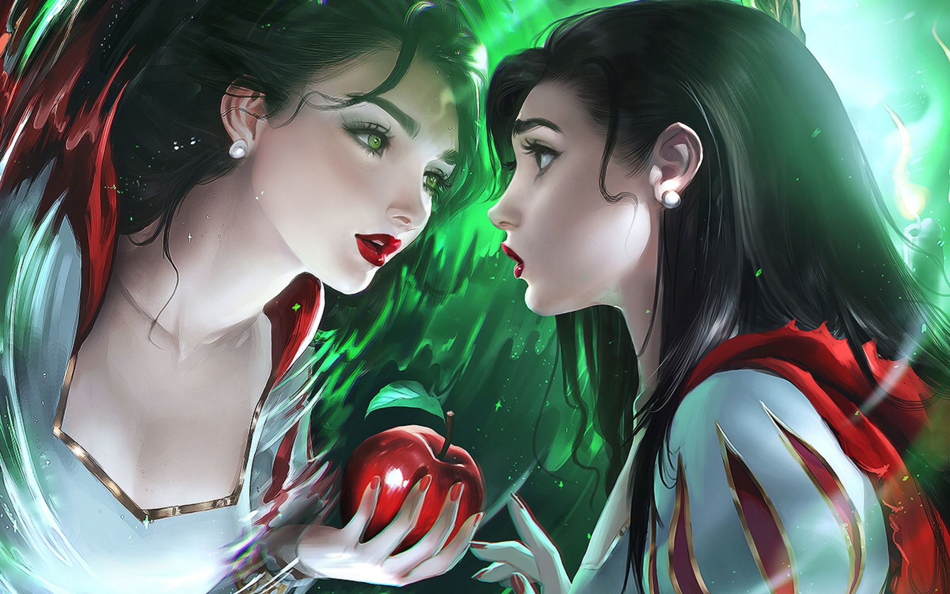 Картинки snow white, disney, anime, tale, childish story, apple, mirror,  reflection, anime girl, magic mirror - обои 1920x1200, картинка №427417