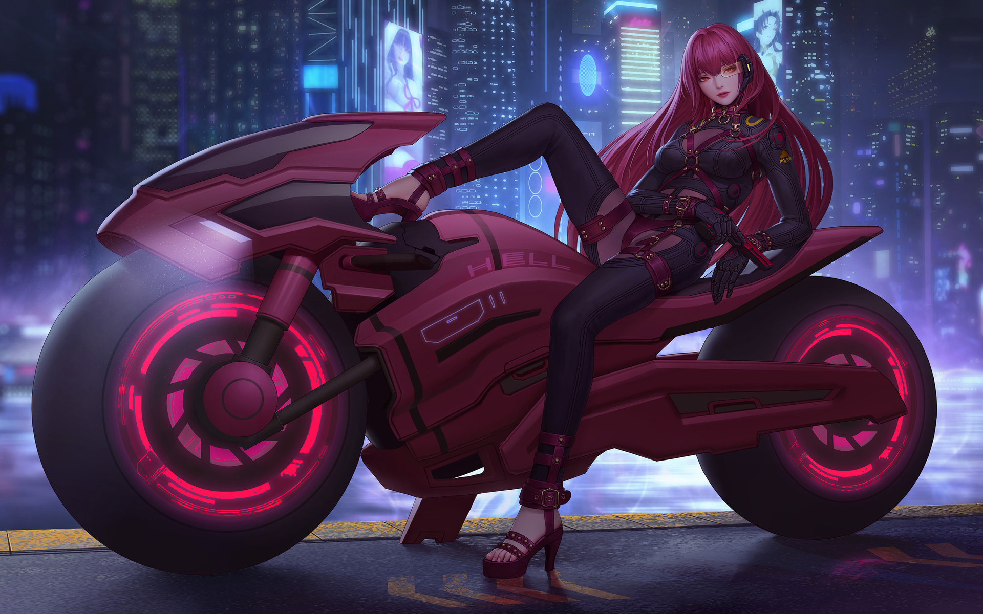 city cyberpunk 2077, fate grand order, gun, motorcycle night, fate grand order, techgirl weapon, anime girl