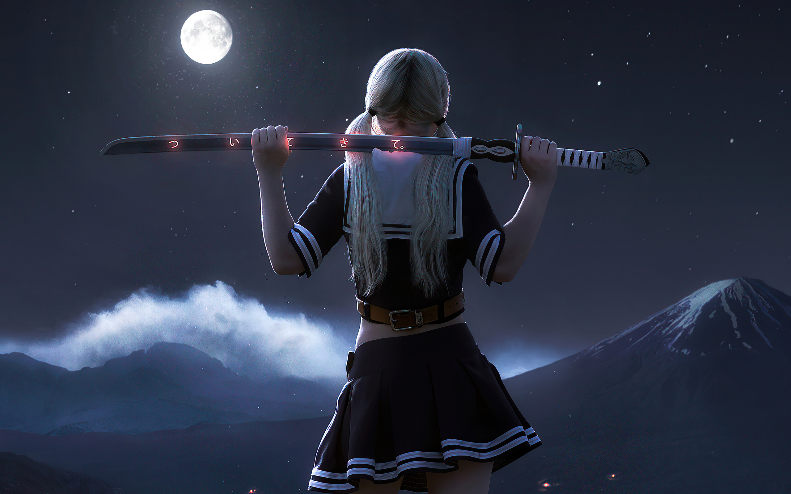 babydoll, 3d girl, night, moon, samurai sword, miniskirt, girl, white hair, katana