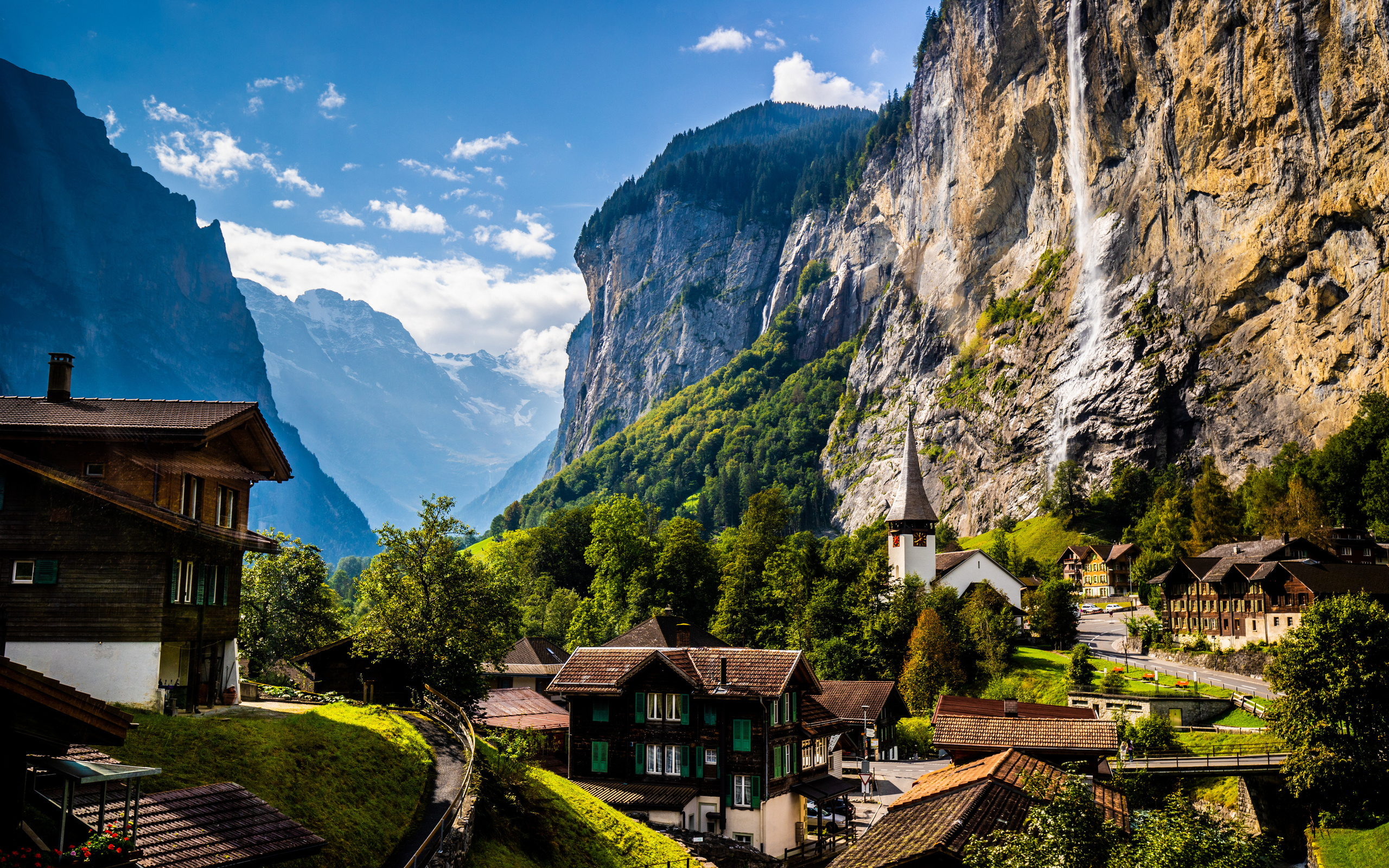 Картинки швейцария, горы, дома, eiger, альпы, скала, природа - обои  2560x1600, картинка №433782