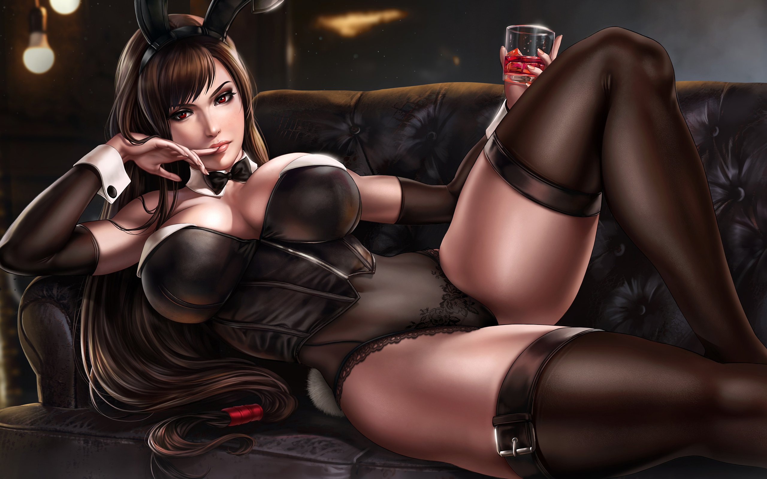 tifa lockhart, final fantasy, brunette, game girl, games, boobs, couch, lingerie, stockings, dandon fuga