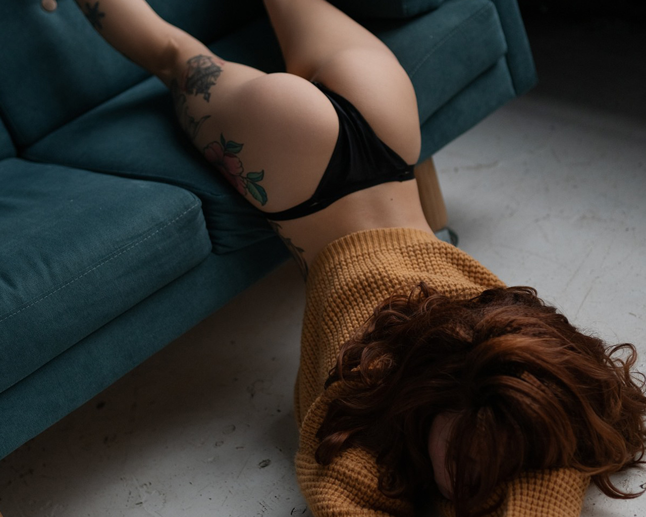 women, black panties, couch, women indoors, tattoo, ass, sweater, hair in face, redhead, back