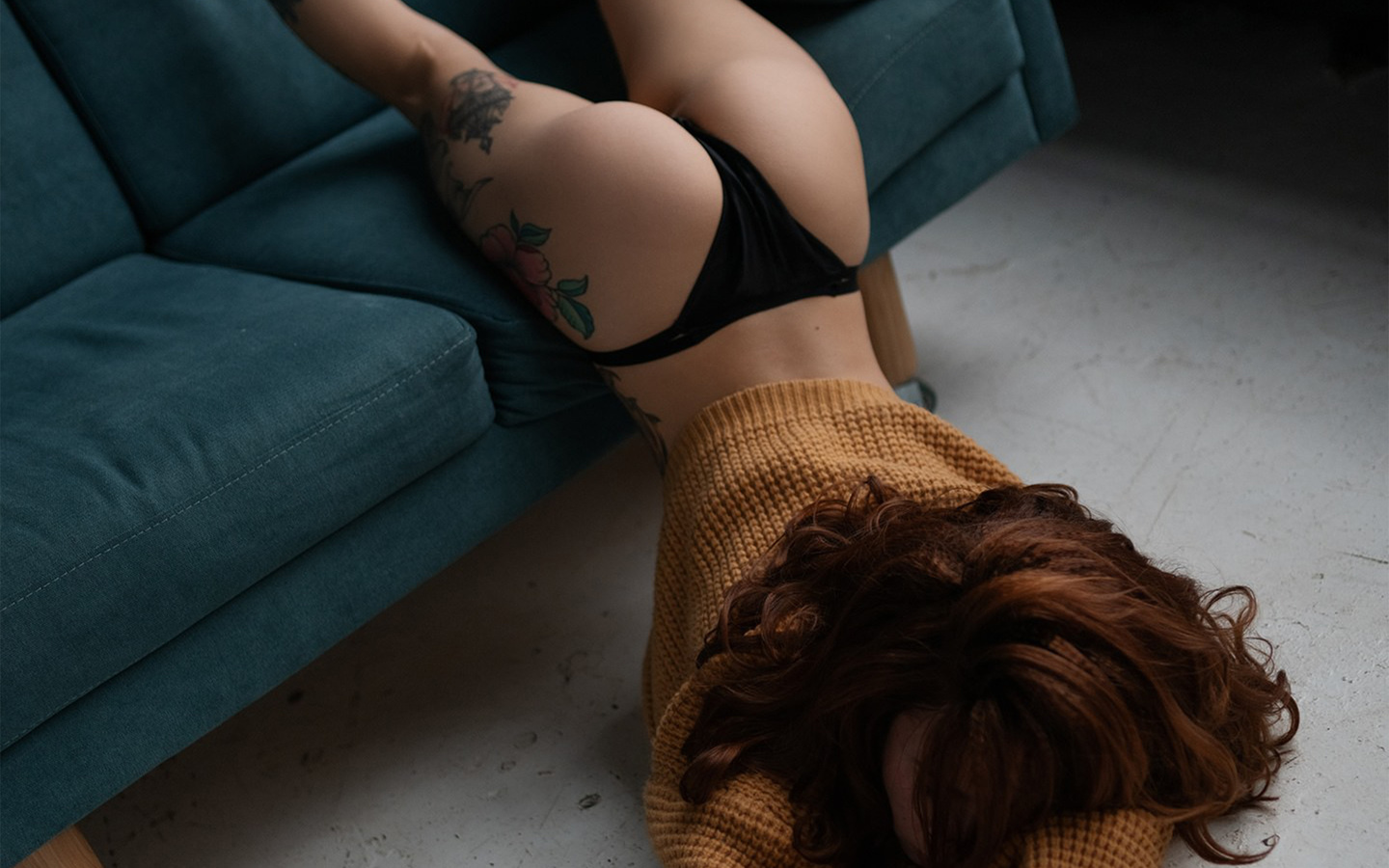 women, black panties, couch, women indoors, tattoo, ass, sweater, hair in face, redhead, back