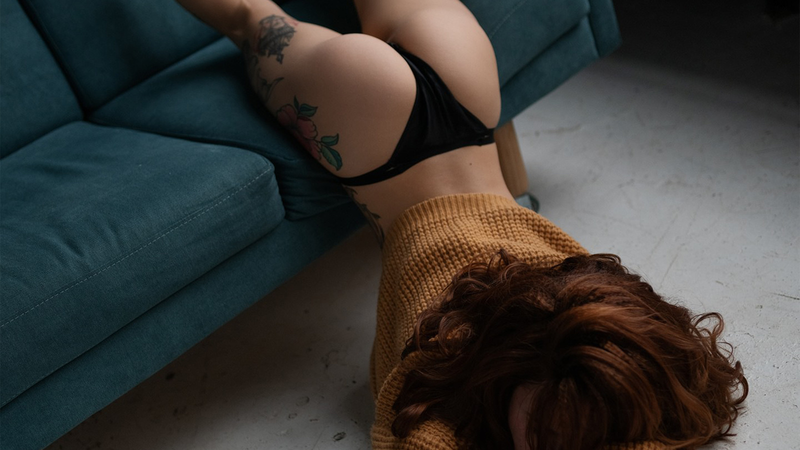 women, black panties, couch, women indoors, tattoo, ass, sweater, hair in face, redhead, back