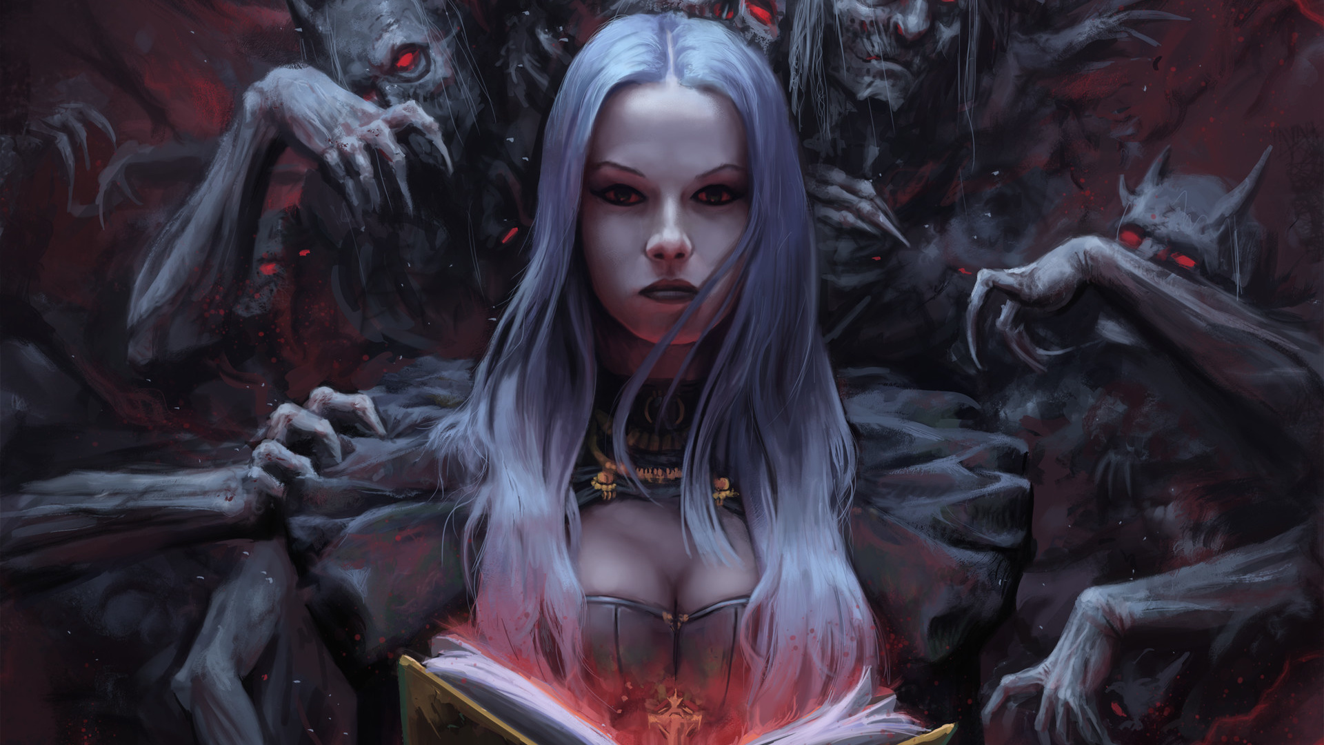 white hair, demon, woman, girl, stare, witch